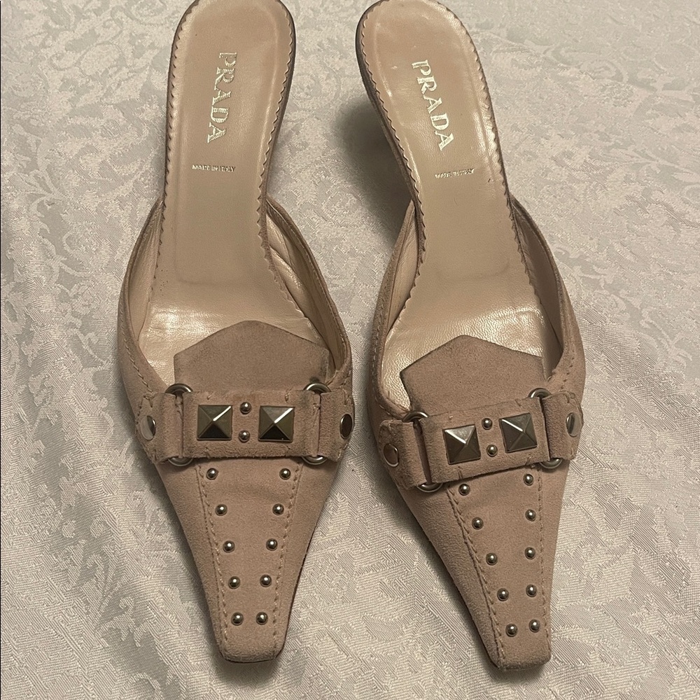 Prada Taupe Studded Slip-On Heels